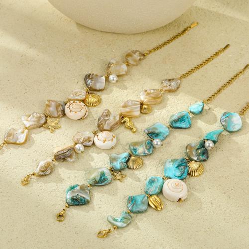 Dyed Shell Bracelet, 304 Stainless Steel, with Shell & Plastic Pearl, gold color plated, fashion jewelry & for woman 