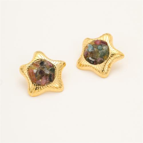 Gemstone Stud Earring, 304 Stainless Steel, with Natural Stone, Star, plated, fashion jewelry & for woman, golden 