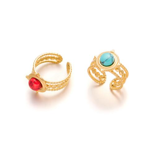 Stainless Steel Finger Ring, 304 Stainless Steel, with turquoise, plated & for woman & hollow, golden 