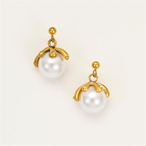 Stainless Steel Cubic Zirconia Stud Earring, 304 Stainless Steel, with Plastic Pearl, petals, 18K gold plated, fashion jewelry & micro pave cubic zirconia & for woman 