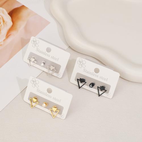 Stainless Steel Cubic Zirconia Stud Earring, 304 Stainless Steel, Triangle, plated, three pieces & micro pave cubic zirconia & for woman & hollow 