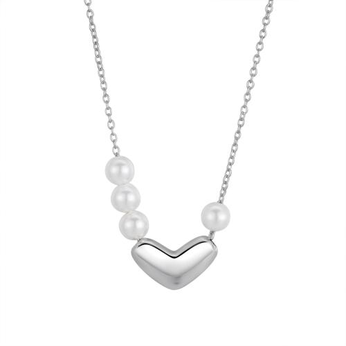 Collier de bijoux en argent , argent sterling 925, avec perle de plastique, coeur, pour femme, couleur platine Environ 41-50 cm, Vendu par PC