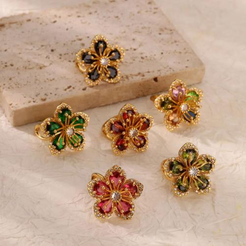 Kuba Zirkonia Edelstahl Ringe, 304 Edelstahl, mit kubischer Zirkonia, Blume, Vakuum-Ionen-Beschichtung, für Frau, keine, verkauft von PC[