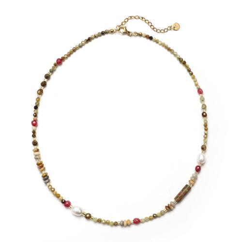 Collar De Perlas De Joyería, acero inoxidable 304, con Piedra preciosa sintética & Perlas plásticas, Recubrimiento iónico al vacío, para mujer, longitud:51-60 cm, Vendido por UD