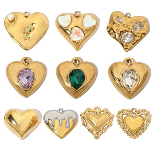 Rhinestone Stainless Steel Pendants, 304 Stainless Steel, with Glass Rhinestone & ABS Plastic Pearl & Rhinestone, Heart, Vacuum Ion Plating, DIY [