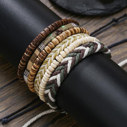 Wood Bracelets, with Cotton Thread & Coconut, 6 pieces & Unisex 