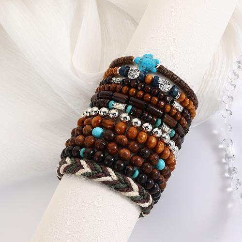 Wood Bracelets, with Cotton Thread & turquoise & Coconut, Unisex, mixed colors 