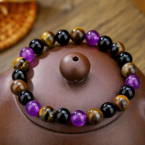 Gemstone Bracelets, Amethyst, with Obsidian & Tiger Eye, Unisex, mixed colors cm 