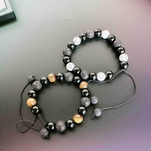 Gemstone Bracelets, Lava, with Howlite & Black Diamond & Tiger Eye, Adjustable & Unisex cm 