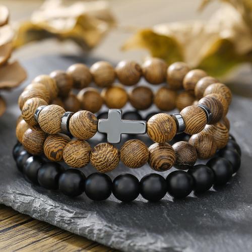 Wood Bracelets, with Abrazine Stone, three pieces & Unisex, mixed colors 