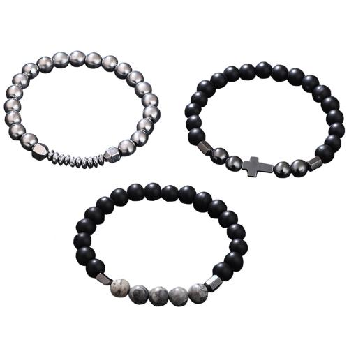 Pulsera de Piedras Preciosas, Hematite, con Piedra Abrazine & Hilo elástico & Mapa de piedra, tres piezas & Joyería & unisexo, Negro, longitud:aproximado 19 cm, Vendido por Set