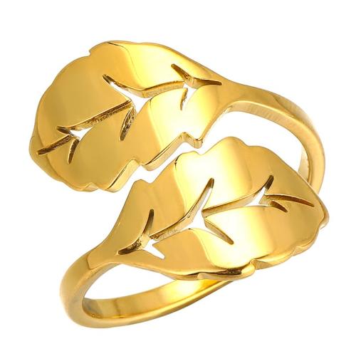 Stainless Steel Finger Ring, 304 Stainless Steel, Leaf, plated & for woman & hollow, golden 