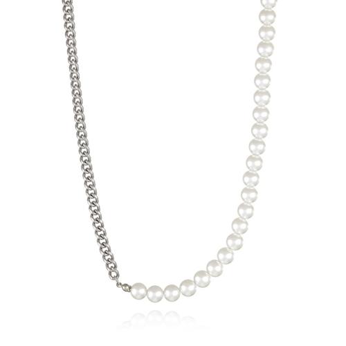 Collier de perles de verre, Acier inoxydable 304, avec perle de verre, Placage, bijoux de mode & pour femme, blanc Environ 46 cm, Vendu par PC