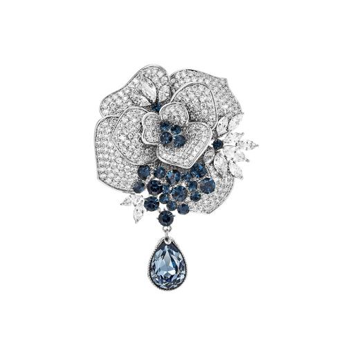 Cubic Zirconia Brooch, Brass, with Austrian Crystal, plated, micro pave cubic zirconia & for woman, silver color 