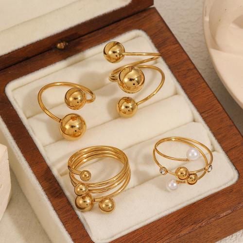 Stainless Steel Finger Ring, 304 Stainless Steel, with Plastic Pearl, gold color plated & for woman 