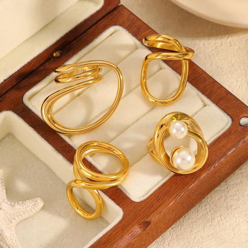 Stainless Steel Finger Ring, 304 Stainless Steel, with Plastic Pearl, gold color plated & for woman 