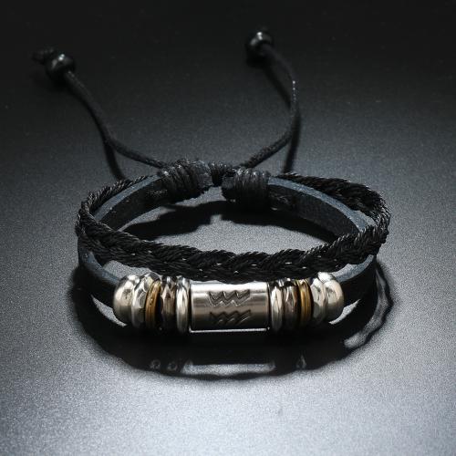 bracelet de cordon en PU , cuir PU, avec corde de cire & bois & plastique revêtu de cuivre & alliage de zinc, fait à la main, Double couche & constellation bijoux & pour homme, noire, Vendu par PC[