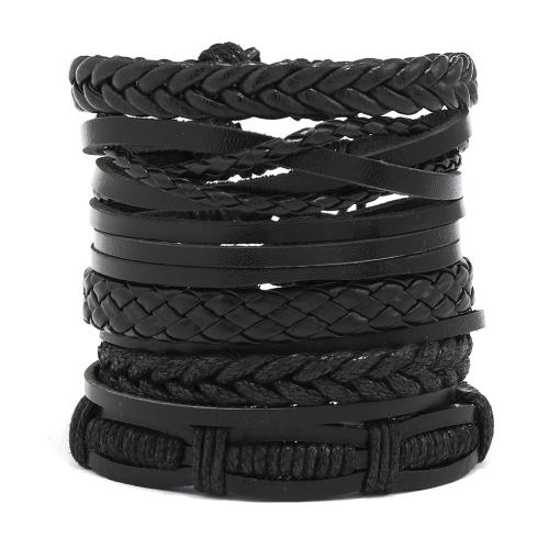 PU Schnur Armbänder, PU Leder, mit Hanfgarn & Wachsschnur, handgemacht, 6 Stück & Modeschmuck & unisex, schwarz, verkauft von setzen