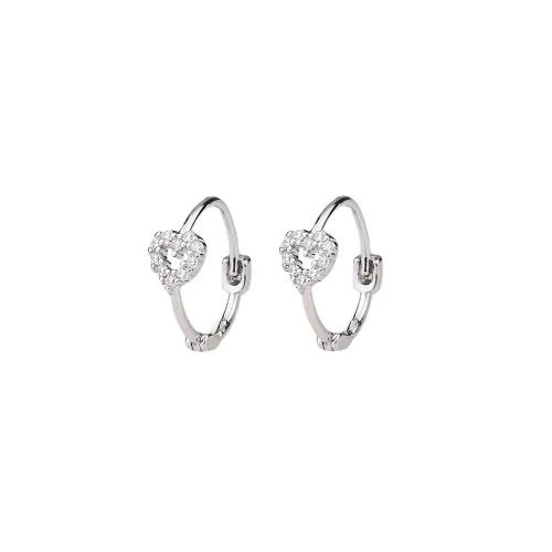 Boucles d'oreilles en laiton zircon cubique pavent, Placage, pavé de micro zircon & pour femme, couleur platine, Heart 5MM, diameter 11MM, Vendu par paire[