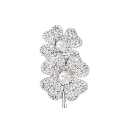 Cubic Zirconia Brooch, Brass, with Shell Pearl, plated, micro pave cubic zirconia & for woman, silver color 