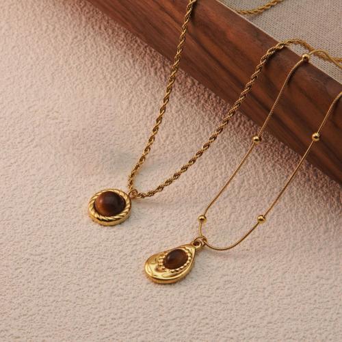 Stainless Steel Jewelry Necklace, 304 Stainless Steel, with Tiger Eye, plated & for woman, golden Approx 41-50 cm 