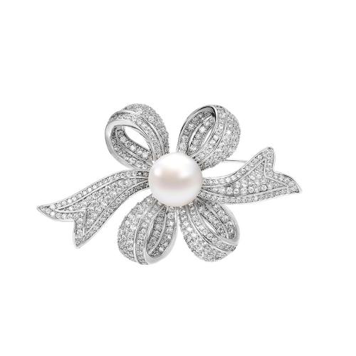 Cubic Zirconia Brooch, Brass, with Shell Pearl, plated, micro pave cubic zirconia & for woman, silver color 