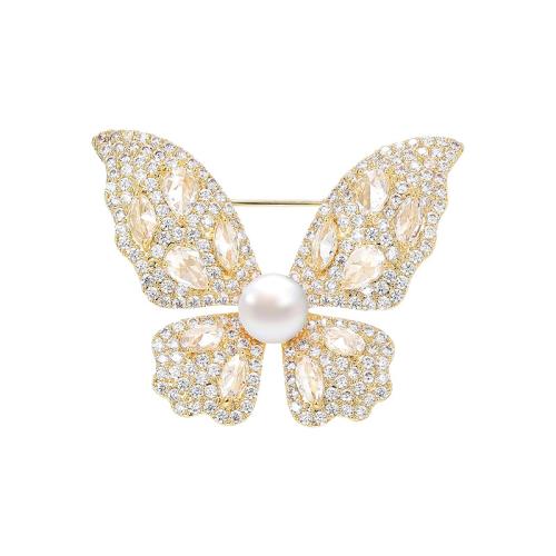 Cubic Zirconia Brooch, Brass, with Freshwater Pearl, plated, micro pave cubic zirconia & for woman, golden 