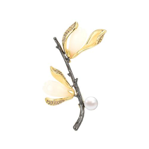 Cubic Zirconia Brooch, Brass, with Hetian Jade & Freshwater Pearl, plated, micro pave cubic zirconia & for woman, golden 