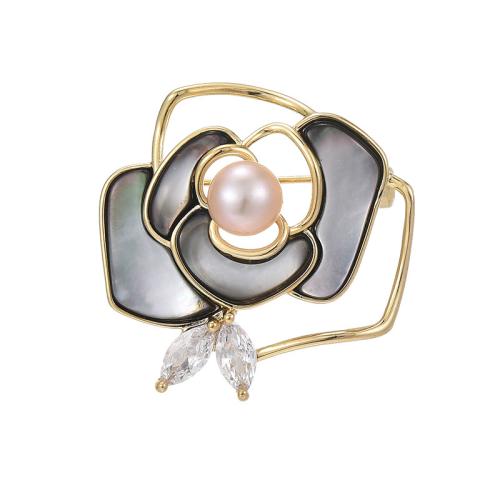 Cubic Zirconia Brooch, Brass, with Shell & Freshwater Pearl, plated, micro pave cubic zirconia & for woman, golden 