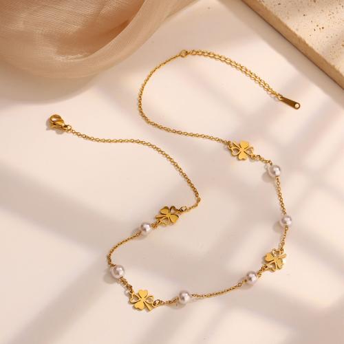 Stainless Steel Jewelry Necklace, 304 Stainless Steel, with Resin & Plastic Pearl, plated & for woman, golden Approx 41-50 cm [