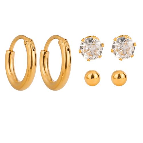 Stainless Steel Cubic Zirconia Stud Earring, 304 Stainless Steel, gold color plated, three pieces & fashion jewelry & micro pave cubic zirconia, golden 