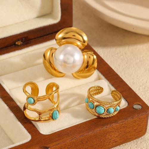 Gemstone Stainless Steel Finger Ring, 304 Stainless Steel, with turquoise & Plastic Pearl, gold color plated & for woman 