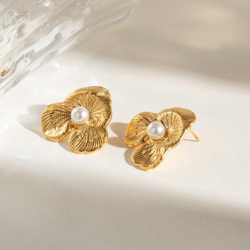 Stainless Steel Stud Earring, 304 Stainless Steel, with Plastic Pearl, gold color plated, fashion jewelry, golden [