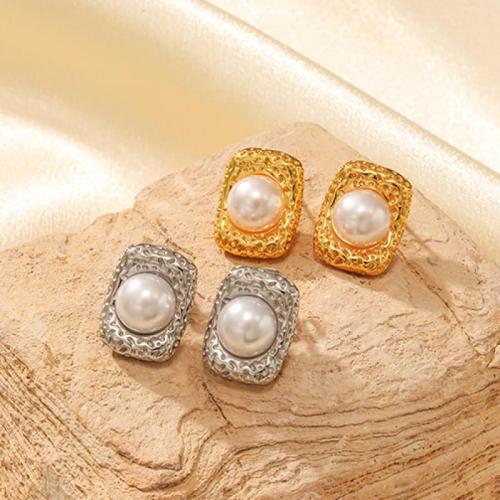 Stainless Steel Stud Earring, 304 Stainless Steel, with Plastic Pearl, Rectangle, plated, fashion jewelry & for woman [