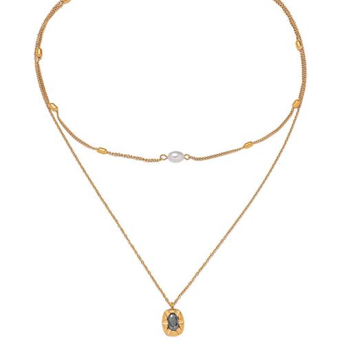Stainless Steel Jewelry Necklace, 304 Stainless Steel, with Resin & Plastic Pearl, plated, Double Layer & for woman, golden [