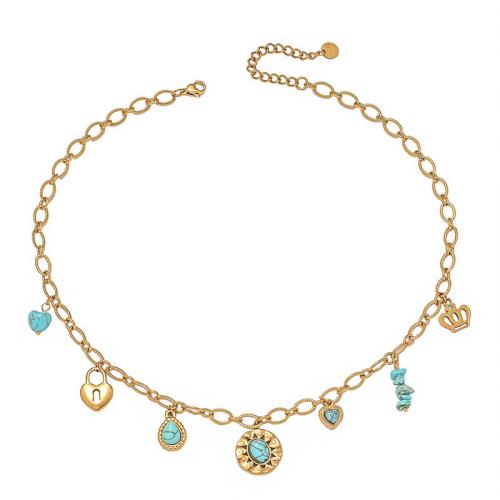 Stainless Steel Jewelry Necklace, 304 Stainless Steel, with turquoise, plated, fashion jewelry & for woman, golden [