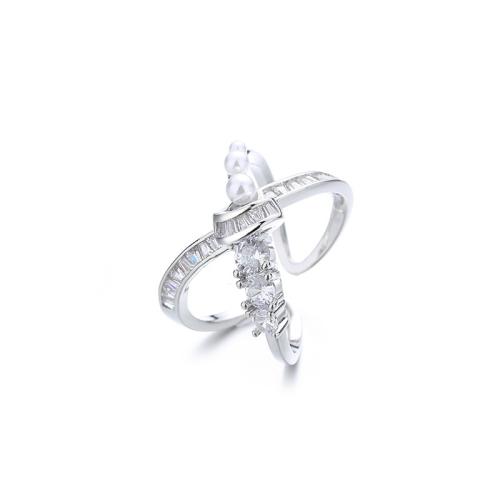 Zircon pavent l'anneau en laiton de doigt, avec perle de plastique, Placage, pavé de micro zircon & pour femme, couleur platine, Vendu par PC