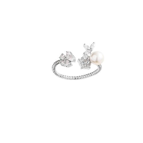 Zircon pavent l'anneau en laiton de doigt, avec perle de plastique, Placage, pavé de micro zircon & pour femme, couleur platine, Vendu par PC