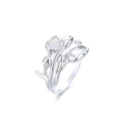 Zircon pavent l'anneau en laiton de doigt, Tulip, Placage, pavé de micro zircon & pour femme, couleur platine, Vendu par PC