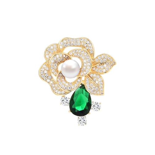 Broche perle d'eau douce, laiton, avec perle d'eau douce cultivée, Placage, pavé de micro zircon & pour femme, doré Vendu par PC