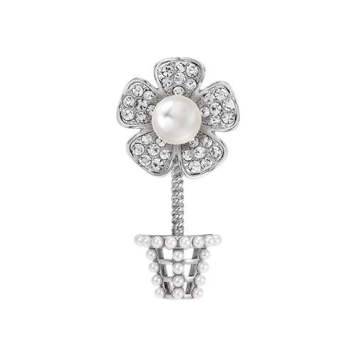 Cubic Zirconia Brooch, Brass, with Shell Pearl, plated, micro pave cubic zirconia & for woman, silver color 