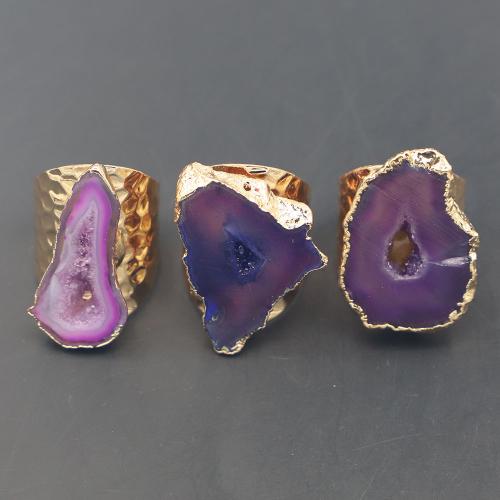 Bague agate, laiton, avec agate pourpre, Irrégulière, Placage de couleur d'or, Réglable & pour femme, violet, Vendu par PC[