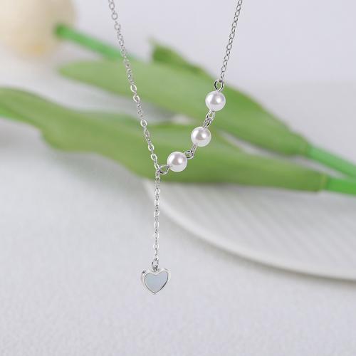 Brass Jewelry Necklace, with White Shell & Plastic Pearl, with 5CM extender chain, Heart, plated, for woman, platinum color Approx 40 cm 