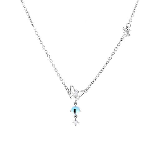 Collier en laiton cubique Zircon Micro Pave, avec Moonstone, avec 5CM chaînes de rallonge, papillon, Placage, pavé de micro zircon & pour femme, couleur platine Environ 40 cm, Vendu par PC