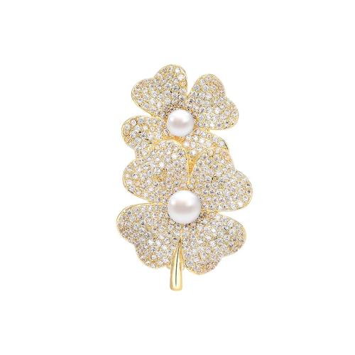 Brass Brooch, with Shell Pearl, plated, micro pave cubic zirconia & for woman, golden 