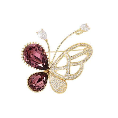 Crystal Brooch, Brass, with Austrian Crystal, plated, micro pave cubic zirconia & for woman, golden 