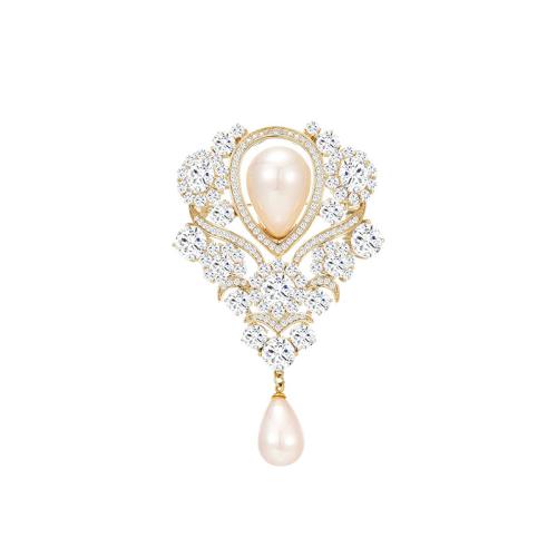 Brass Brooch, with Shell Pearl, plated, micro pave cubic zirconia & for woman, golden 