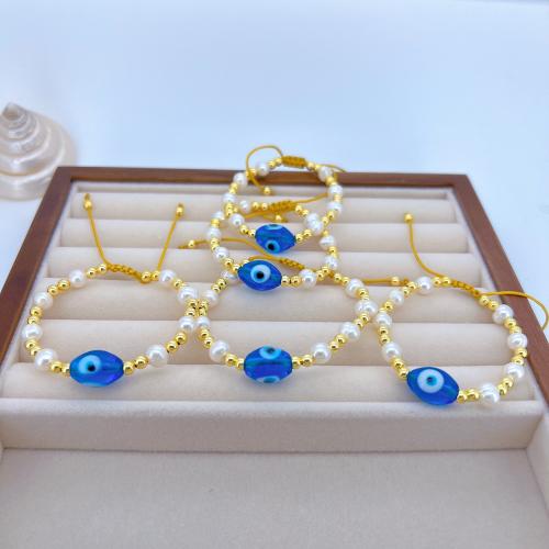 Mal pulsera ojo, metal, con Cordón de nudo & Perlas plásticas, chapado en color dorado, Ajustable & patrón de malvado de ojo & para mujer, longitud:14 cm, Vendido por UD