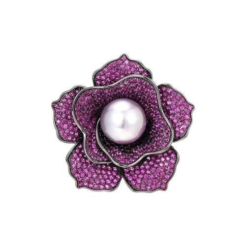 Brass Brooch, with Shell Pearl, plated, micro pave cubic zirconia & for woman, silver color 