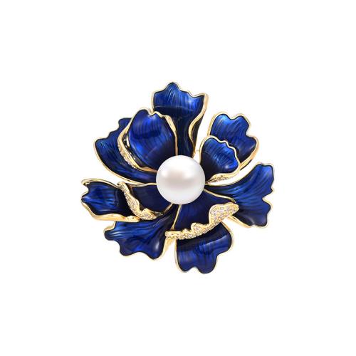 Cubic Zirconia Brooch, Brass, with Shell Pearl, micro pave cubic zirconia & for woman, golden 